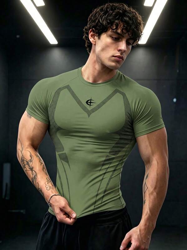 GymBeat 男士幾何圖案短袖圓領修身時尚T恤，健身運動