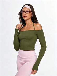 Eassivo Eassivo 女款素色掛脖式瑜珈運動T恤 - 橄欖綠 - 查看 4