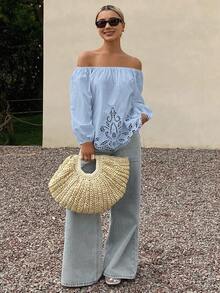 DAZY Women's Loose Off Shoulder Long Sleeve Hollow Embroidery Casual Vacation Summer Top Blouse - Baby Blue - View 4