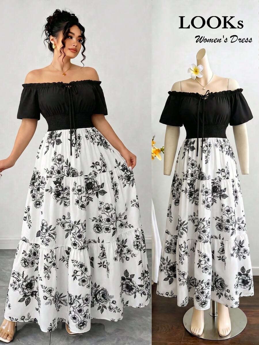 Elenzga Plus Size Women's Spring/Summer Elegant Exquisite Elastic Off-Shoulder Cinched Waist Patchwork Short Sleeve Dress - Black and White - View 1