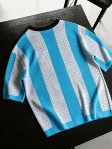 GALLERY FADE Men's Contrast Striped Short Sleeve Pointelle Knit Top, Football - Blue and White - View 2