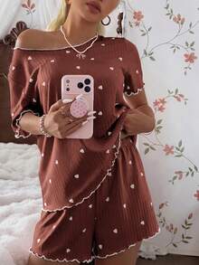 CottageSlumber Set Piyama Wanita Lengan Pendek Motif Hati Kecil Bergaris Longgar dengan Jahitan Rapat Warna Putih - Coffee Brown - View 5