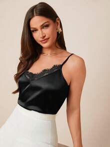 Amorya Women's Elegant Black Summer Silky Cami Top,Seductive Lace Patchwork Asymmetrical Hem T-Shirt,Night Out Beach Vacation Basic Everyday Wear - Black - View 6