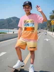 兒童青少年男孩休閒熱帶風舒適時尚極簡圓領短袖T恤與短褲套裝，經典漸層圖案印花粉色 - 彩色 - 查看 2