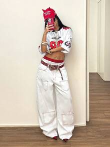 StreetHx Fashion Casual Y2k Streetwear Street Style Colorblock Stitching Multi-Pocket Low Waist Denim Curved Leg Pants Everyday Going Out White And Red Summer - White - View 8
