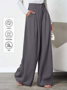 SHEIN Tall 100%纯棉高腰女士米色深褶亚麻长裤 - 灰色 - 查看 1
