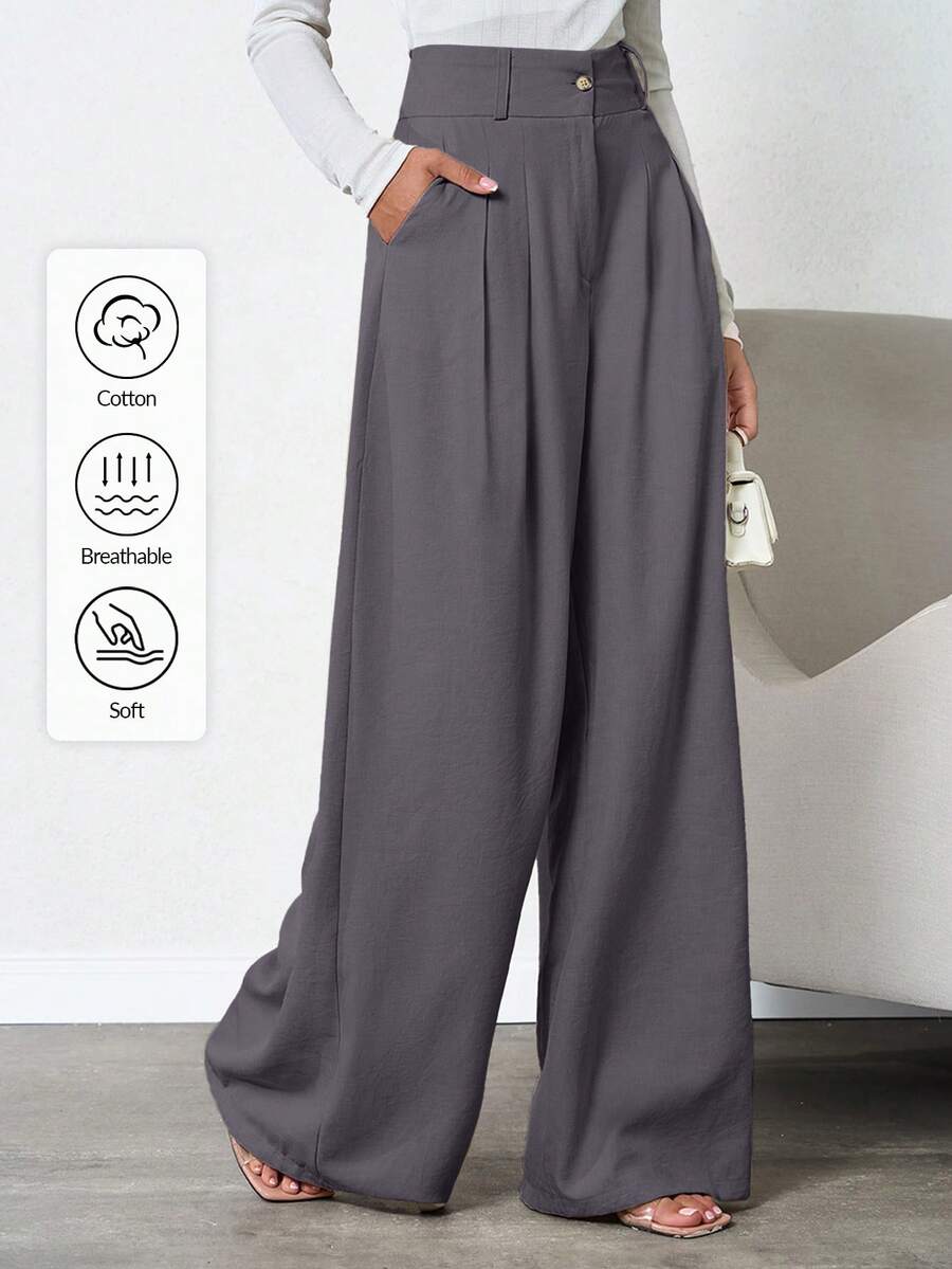 SHEIN Tall 100%纯棉高腰女士米色深褶亚麻长裤 - 灰色 - 查看 1