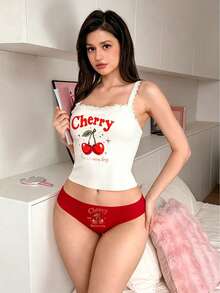 PetitDoll 女款蕾絲拼接內衣套裝 2件組 - 紅白色 - 查看 5