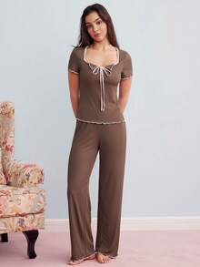 Elorette Casual Contrast Color Short Sleeve Top & Pants Women Pajama Set Outfit - Coffee Brown - View 4