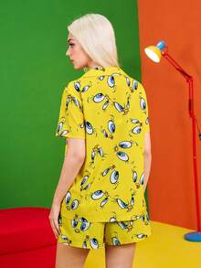 LOONEY TUNES X SHEIN 女士卡通图案纽扣前衬衫和短裤睡衣套装，休闲夏季 - 黃色 - 查看 2