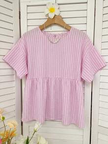 SHEIN EZwear 夏季多巴胺粉色條紋編織女款襯衫上衣，適合日常通勤、約會、聚會、秋冬/夏季、聖誕節、新年、感恩節、派對、婚禮、海灘、畢業典禮、時尚、優雅、休閒、通勤、亮面、情人節、優雅、度假、畢業典禮及其他場合 - 粉色 - 查看 4