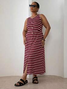 ELLERISSA Plus Size Red & White Striped Button Front Sleeveless Midi Dress - Red and White - View 1