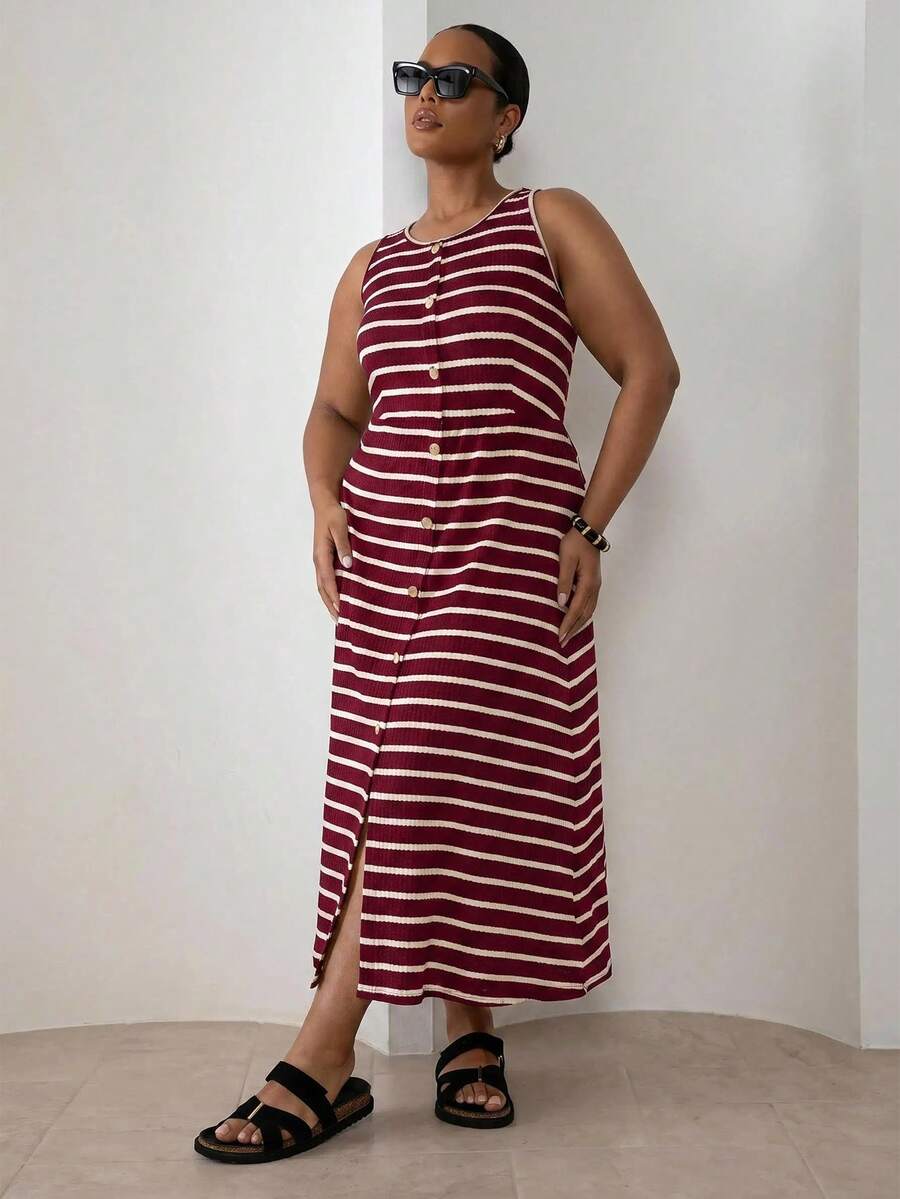 ELLERISSA Plus Size Red & White Striped Button Front Sleeveless Midi Dress - Red and White - View 1