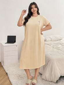 Dazy Plus Solid Color Casual Letter Print Round Neck Straight Hem T-Shirt Loungewear Long Nightgown Summer Pajamas - Mustard Yellow - View 4