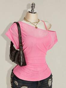 SHEIN ICON 大尺碼夏季休閒素色不對稱領口抽褶腰部T恤 - 粉色 - 查看 7