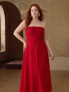 MOTF PREMIUM PLUS SIZE PLEATED STRAPLESS DRESS - Red - View 4