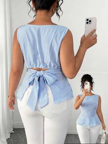 Elenzga Camisa de Moda Listrada sem Mangas Plus Size para Mulheres - Azul e Branco - Visão 4
