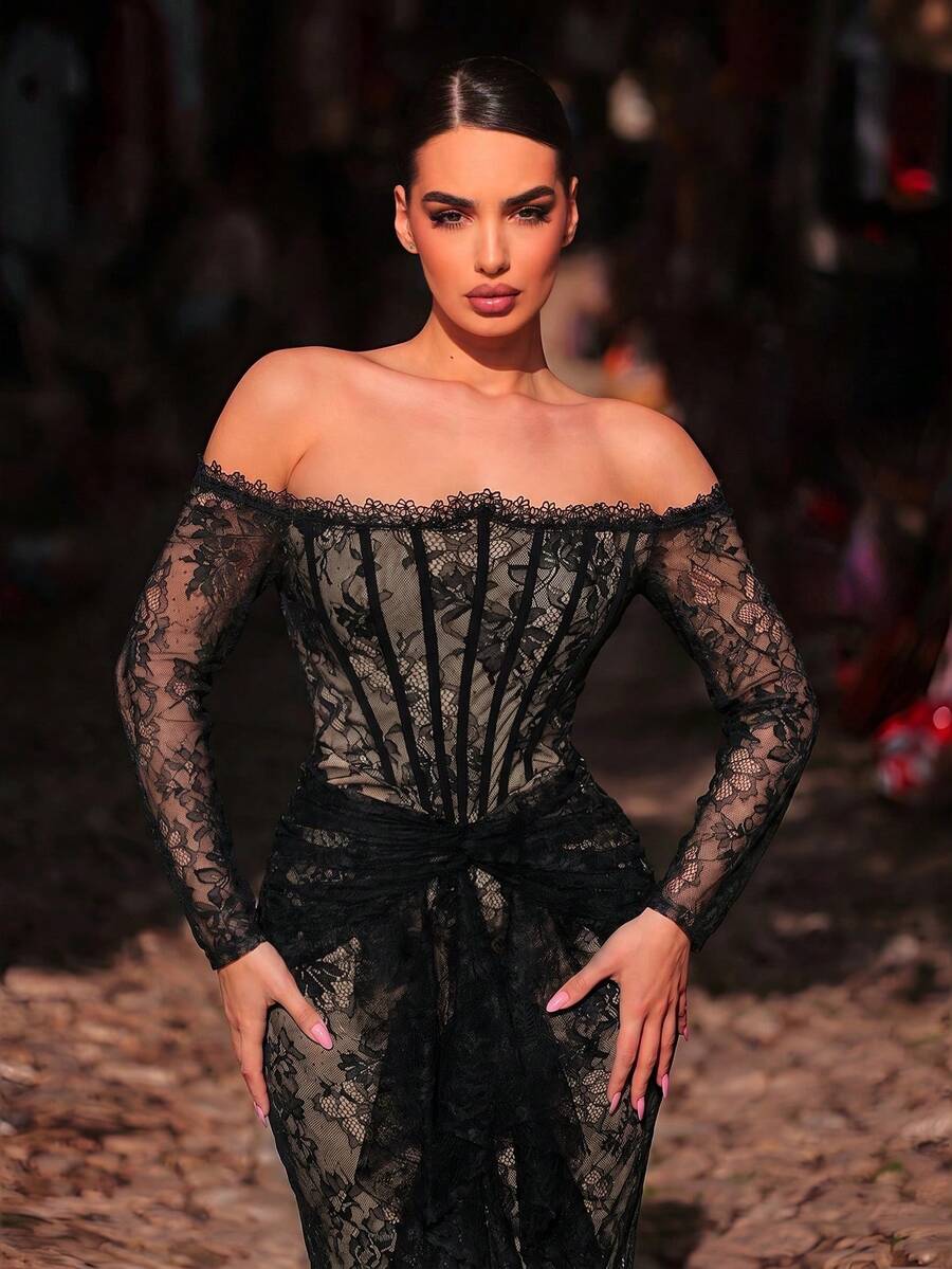 Aureia Elegant Romantic Hazy Blue Off-Shoulder Lace Trim Long Sleeve Sheer Waist Twist Detail Ruffle Hem Bodycon Mermaid Skirt Suitable For Influencer Dating Vacation Bachelorette Party Wedding Party Celebration Heavy Work Evening Gown (Heavy Work Design) - Black - View 1