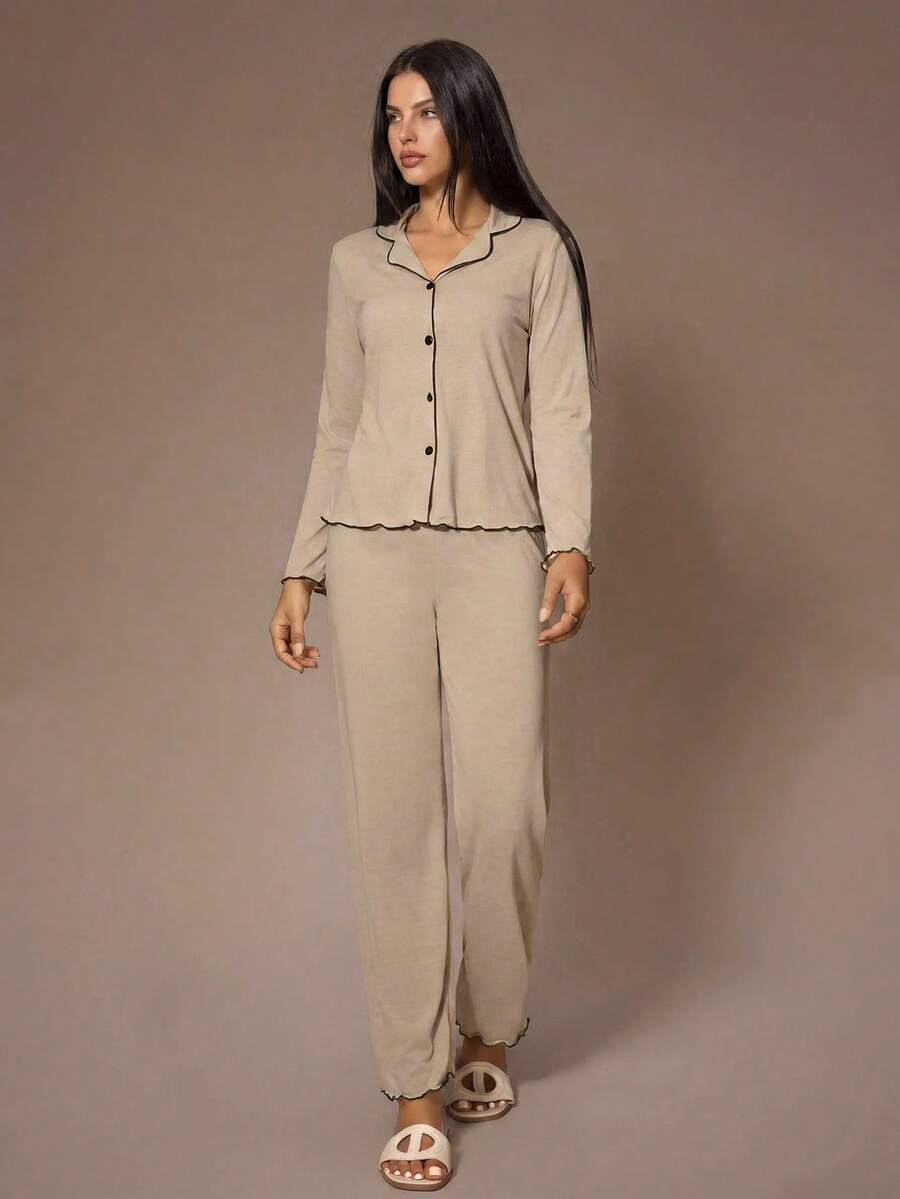 SHEIN Bộ đồ ngủ dài tay và quần dài họa tiết bèo nhún Lazeform dáng rộng, siêu mềm, nhẹ, mùa hè, chất liệu kaki dệt kim, dành cho nữ, quần áo thu đông - Màu Khaki - Xem 1