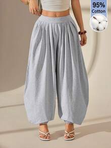 SHEIN PETITE Women's Solid Color Pleated Casual Versatile Daily Lantern Pants Loungewear Gray Autumn Going Out Everyday Work Home Festival - Grey - View 6