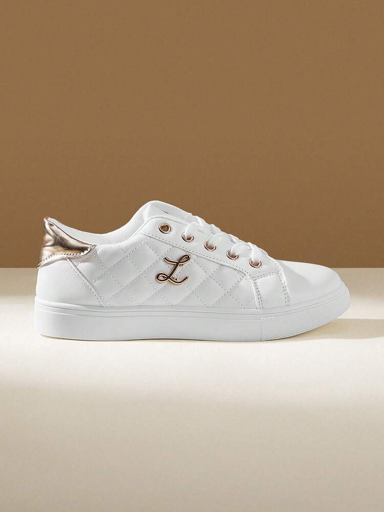 CUCCOO EASI Ladies Lace-Up Rhombus Round Head Flat Bottom Casual Sneakers Casual Style PU Leather White Casual Sneakers Daily, Outdoor, Commuter