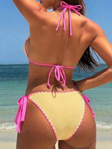 Swim Vcay Women's Triangle Cup Vacation Sexy Solid Color Floral Trim Bikini Two-Piece Swimsuit Set - Pink - View 2
