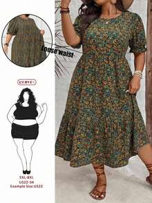 SHEIN CURVE+ 大码女式豹纹圆领短袖收腰A字层叠连衣裙，休闲西部海滩岛屿波西米亚风连衣裙 - 黃色 - 查看 9