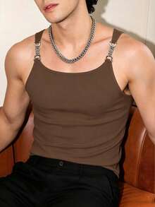 Manfinity Dauomo 男士夏季休閒素色金屬肩帶背心 - 棕色 - 查看 5
