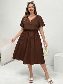 Shapeblank Plus-Size Women's Spring/Summer Fashionable Casual Western Loose Comfortable Everyday Basic Versatile Textured Fabric Brown V-Neck Midi Dress - Brown - View 5