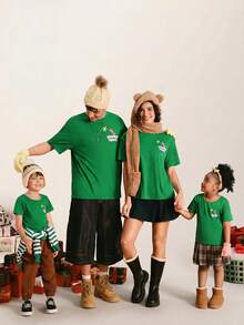 LOONEY TUNES X SHEIN Camiseta de manga corta con cuello redondo y estampado de dibujos animados navideños para mujer - Verde - Ver 1