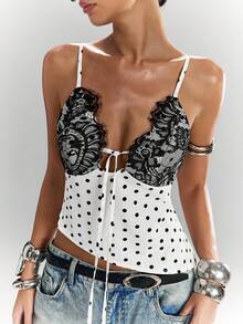 LYSMO Women's Contrast Lace Polka Dot Print Front Tie Sexy Camisole - Black and White - View 1