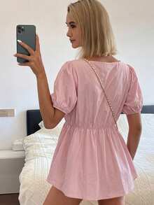 DAZY 女款方領蝴蝶結寬鬆版型夏季襯衫 - 粉色 - 查看 2