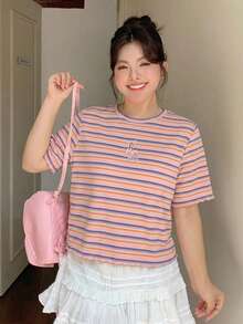 Dazy Plus Plus Size Cherry Embroidery Striped Crew Neck Fitted Summer T-Shirt Graphic Tee - Pink - View 2