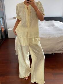DAZY Women's Hollow Embroidery Front Lace-Up Short Sleeve Top And Pants Pajama Set - Yellow - View 12