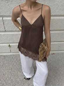 Camiseta de tirantes para mujer con estampado de lunares, dobladillo asimétrico y patchwork de encaje, estilo dulce y de moda - Blanco 6 - Ver 3