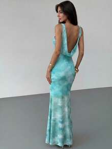 Aloruh Spring/Summer Vacation Floral Print Long Dress Backless Dress Elegant Party - Dusty Blue - View 2