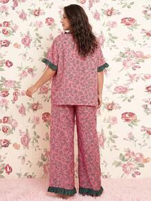 Elorette Plus Size Women's Floral Print PJS, Decorated With Ruffle Trim And Pockets, Suitable For Indoor And Outdoor Wear - Pink - View 10