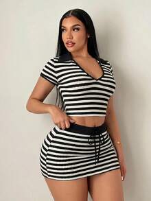 SHEIN SXY Bộ 2 món áo thun ngắn tay dáng ngắn kẻ sọc và chân váy nữ size lớn phong cách thường ngày - Đen và trắng - Xem 5