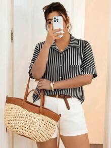 Lounesse Plus Size Women's Black And White Casual Commute Short Sleeve Fashion T-Shirt, Versatile T-Shirt, Summer Short Set, Vacation Curvy Figure Office - Black and White - View 6