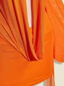 SHEIN ICON 性感寬鬆大碼垂領網格拼接露背迷你洋裝 - 橘色 - 查看 7