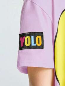 LOONEY TUNES X SHEIN Tween Girl Cartoon Tweety Bird Print Yellow Casual Versatile Short Sleeve Dress - Purple - View 6
