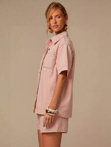 COSMINA Denim 女款素色短袖單排扣襯衫與短褲休閒牛仔套裝，口袋設計，日常優雅牛仔套裝，白色牛仔套裝，適合日常出遊、度假穿搭，寬鬆版型，日常休閒牛仔套裝 - 粉色 - 查看 4