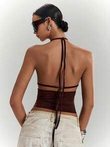 LYSMO Damen Neckholder-Top mit Pailletten, Blumenmuster und Cut-out-Design - Kaffeebraun - Übersicht 2