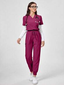 TaskEZ Short Sleeve Top And Long Pants Scrub Uniform Set - Red Violet - View 3