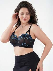 Elorette 1pc Plus Size Mesh Embroidered Underwire Bra Floral Bra Balconette Bra Plus Size Bra Plus Size Push Up Bra Embroidered Bra, Lift - Multicolor - View 9