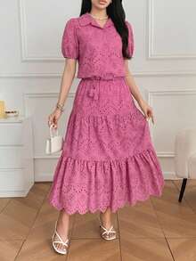DAZY Conjunto de 2 piezas para mujer primavera verano otoño: Blusa de algodón bordada con mangas cortas abullonadas y cuello, con falda larga de volantes en capas - Rosa Fucsia - Ver 1