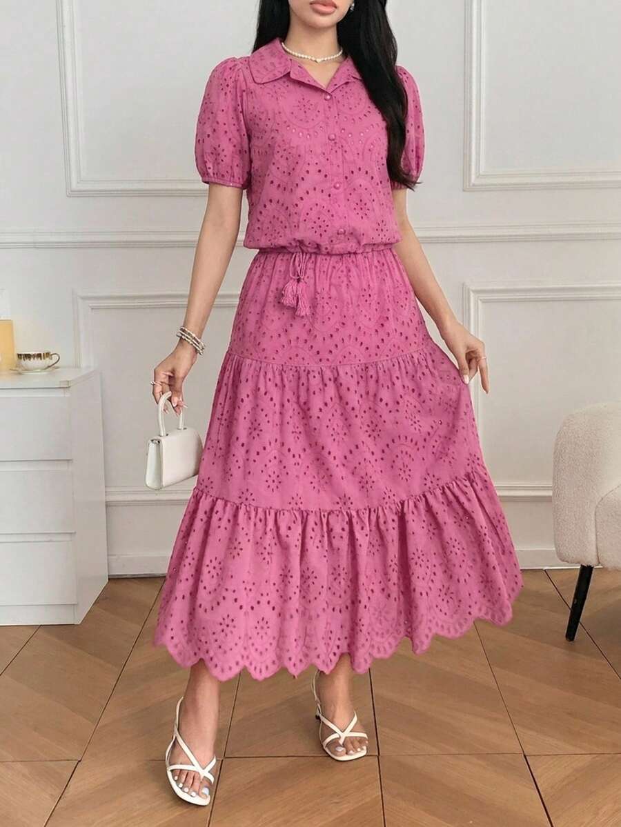 DAZY Conjunto de 2 piezas para mujer primavera verano otoño: Blusa de algodón bordada con mangas cortas abullonadas y cuello, con falda larga de volantes en capas - Rosa Fucsia - Ver 1