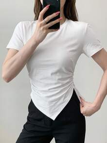 DAZY 春夏白色音樂節休閒街頭戶外不對稱下擺短袖女款T恤 - 白色 - 查看 7