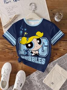THE POWERPUFF GIRLS X SHEIN 少女圆领短袖休闲T恤，全印花 - 白色 - 查看 3