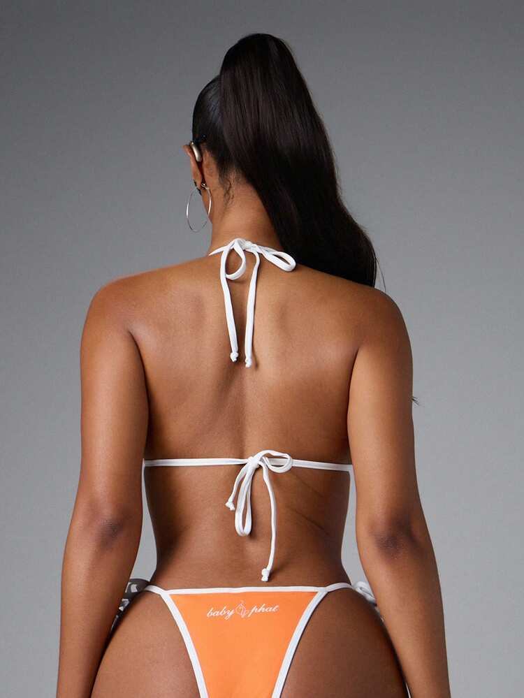 BABYPHAT Triangle Bikini Set With Contrast White Ties, Cat Logo Print, Halter Neck, String Side-Tie Bottom, Summer Beach